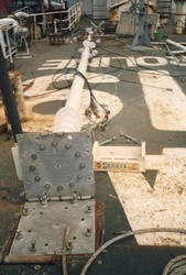 The failed Valcon mast on the deck of Ross Revenge